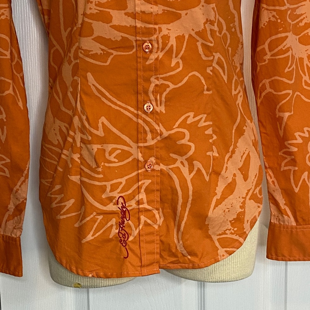 Ed Hardy Orange Tattoo Graphic Button Down Y2K Western Shirt L - Picture 13 of 16